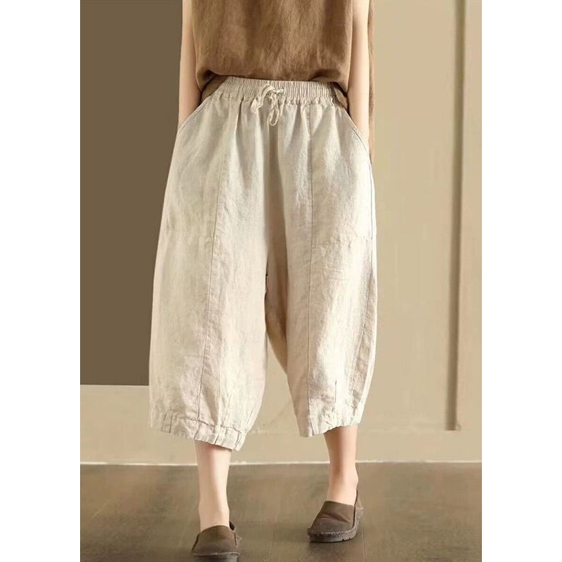 Casual Pockets Elastic Waist Linen Crop Pants Summer