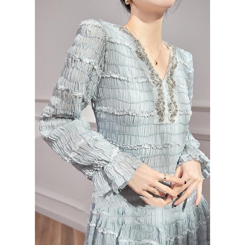 Chic Blue V Neck Ruffled Patchwork Sequins Chiffon Mid Dress Flare Sleeve
