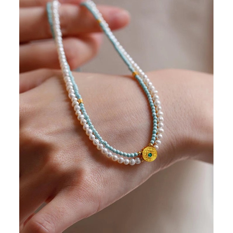 Chic Colorblock Alloy Turquoise Pearl Double Layer Beading Gratuated Bead Necklace