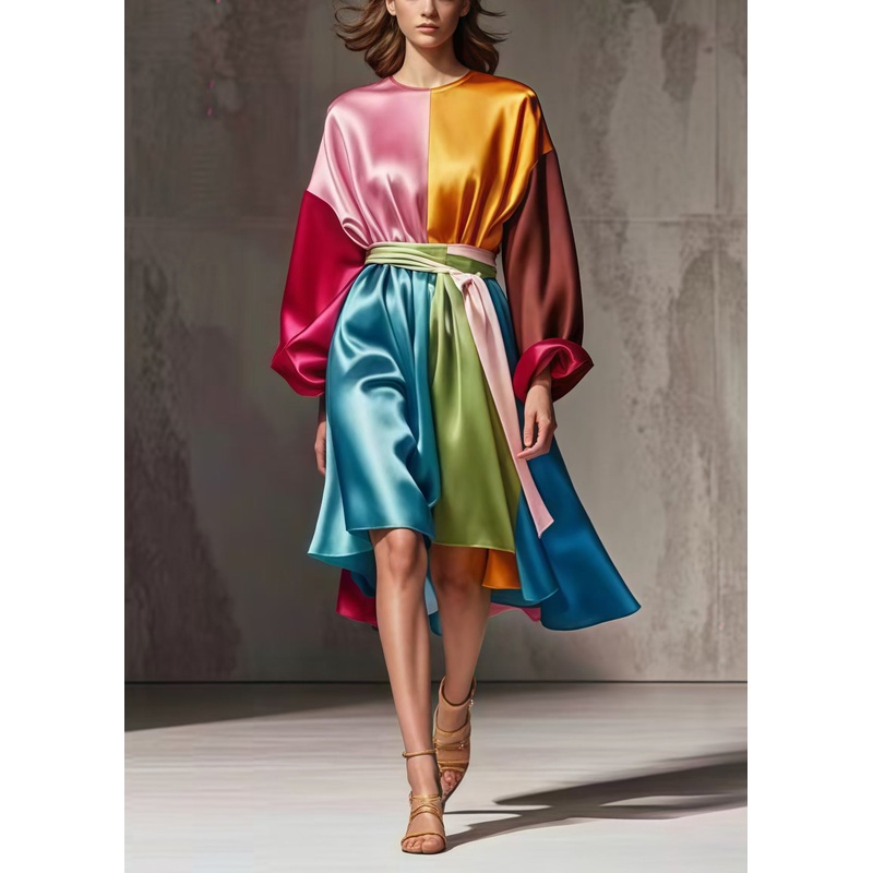 Chic Colorblock Cinched Patchwork Silk Work Dress Spring