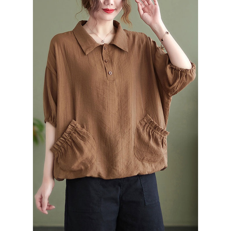 Chic Khaki Patchwork Button Solid T Shirt Short Sleeve