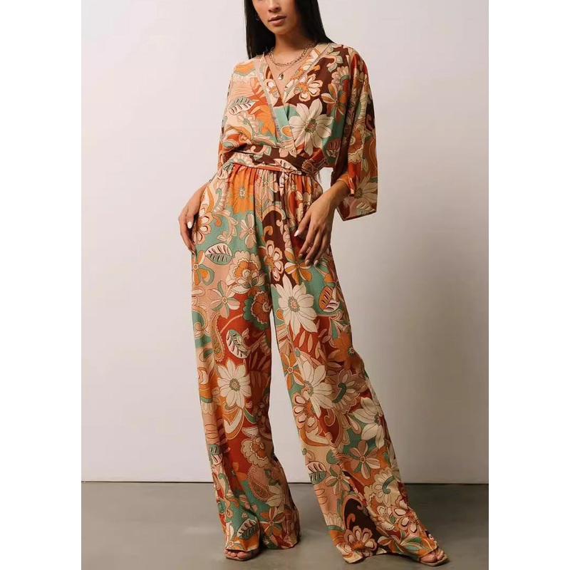 Chic Orange V Neck Print Lace Up Jumpsuits Half Sleeve