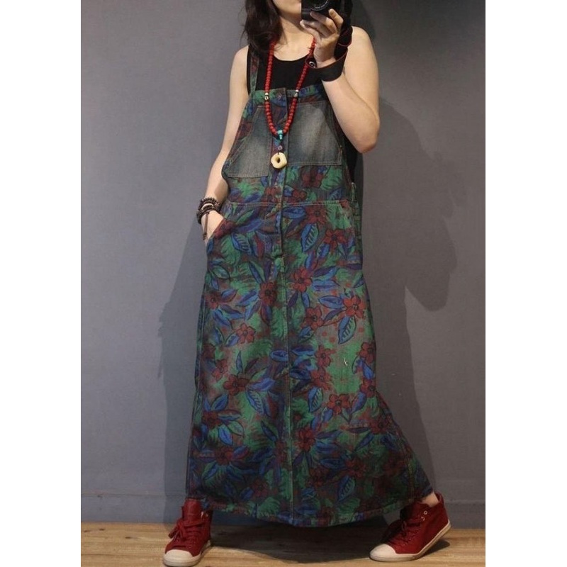 Chic Print Pockets High Waist Denim Straps Dress Sleeveless