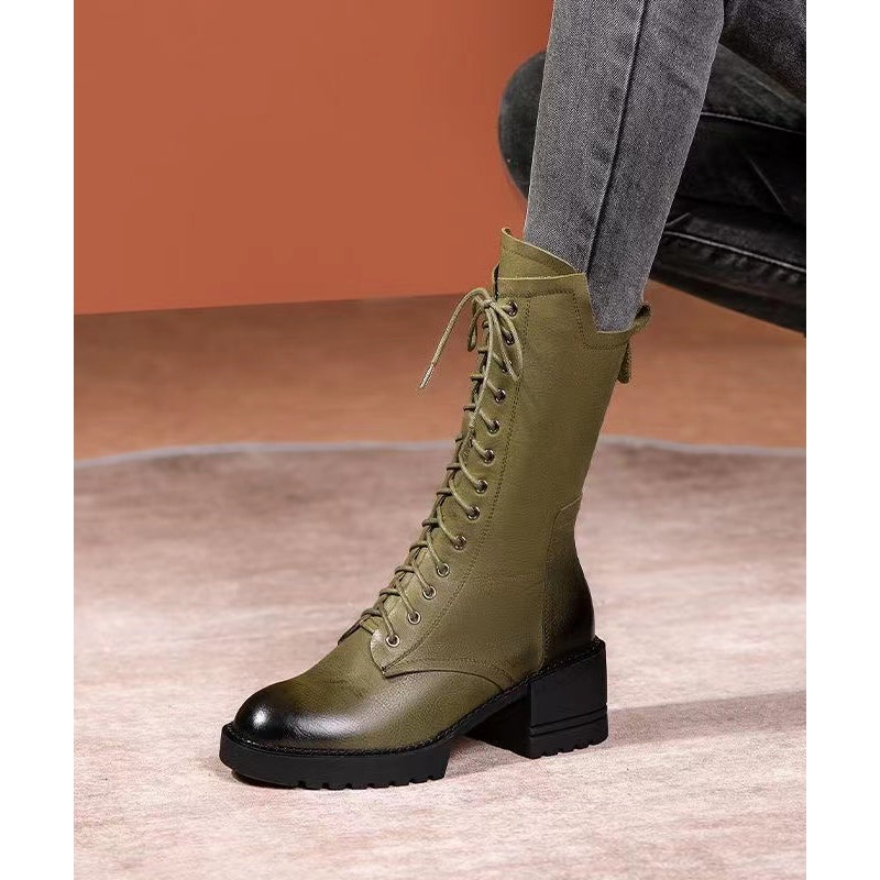 Chic Splicing Chunky Boots Green Cowhide Leather Lace Up