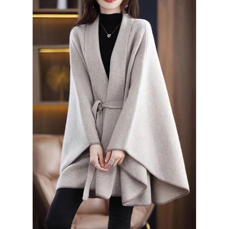 Chic V Neck Tie Waist Patchwork Knit Loose Cardigans Cloak Sleeves