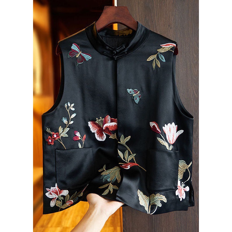 Chinese Style Black Butterfly Embroidered Patchwork Silk Vest Sleeveless