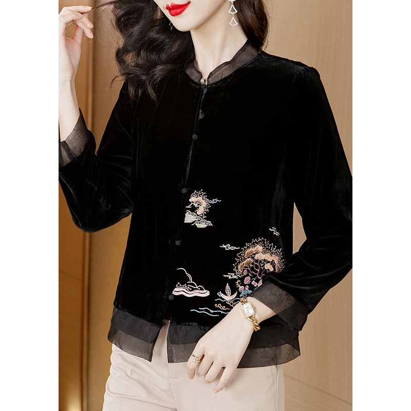 Chinese Style Black Stand Collar Embroideried Velour Top Spring