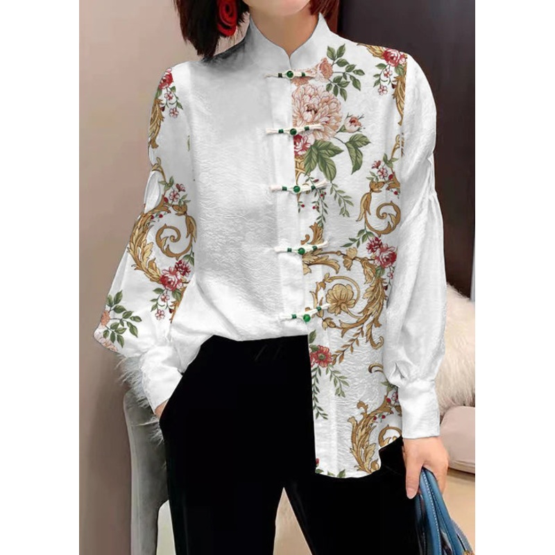 Chinese Style green bamboo Stand Collar Button Jacquard Silk Blouse Tops lantern sleeve