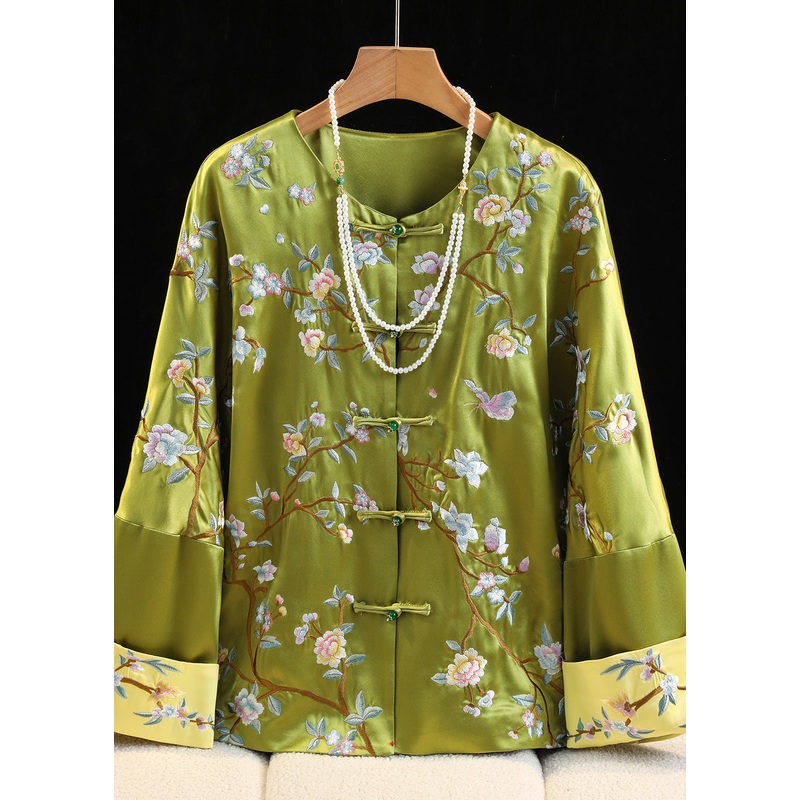 Chinese Style Green O-Neck Embroidered Silk Coats Fall