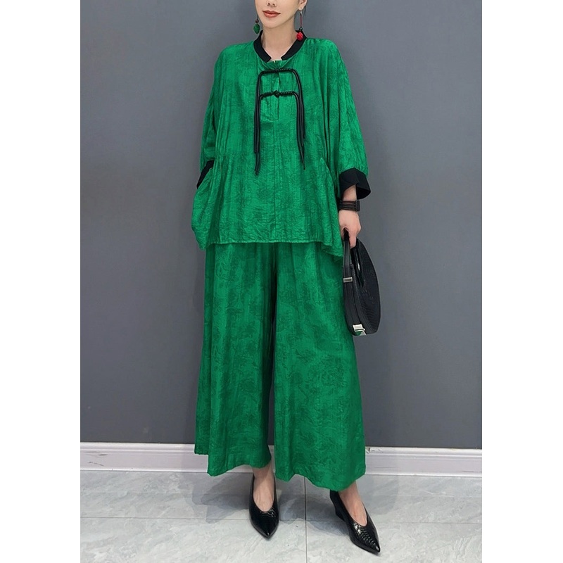 Chinese Style Green Stand Collar Shirts And Wide Leg Pants Two Piece Set Fall