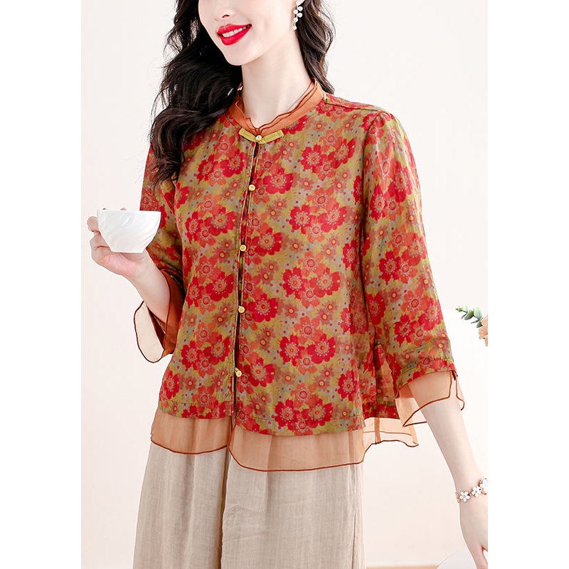 Chinese Style Red Stand Collar Print Patchwork Linen Shirts Summer