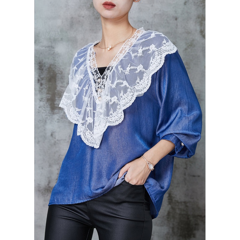 Classy Denim Blue Peter Pan Collar Patchwork Lace Cotton Shirts Spring