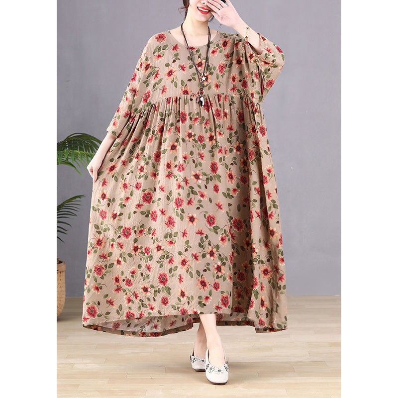 Coffee Print Wrinkled Long holiday Dresses Spring