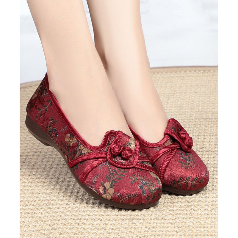 Comfortable Red Splicing Cotton Embroidery Flat Feet Shoes