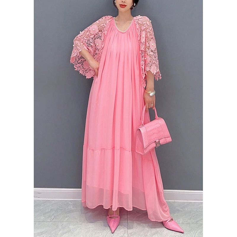 Cute Pink O-Neck Lace Patchwork Nail Bead Chiffon Long Dress Summer