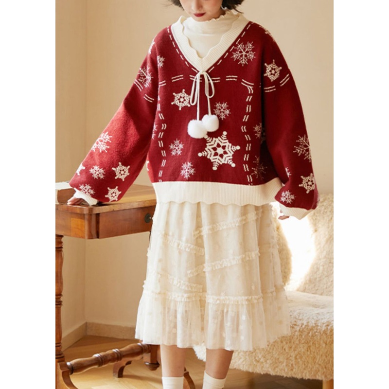 Cute Red V Neck Thick Embroideried Knit Knitted Tops Fall