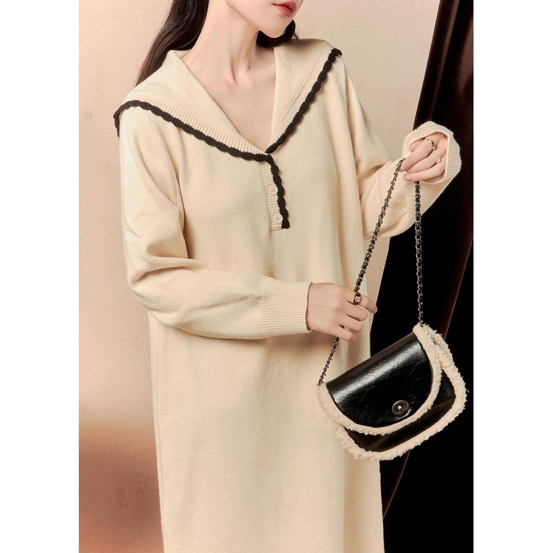 Elegant Beige Sailor Collar Button Knit Dress Winter