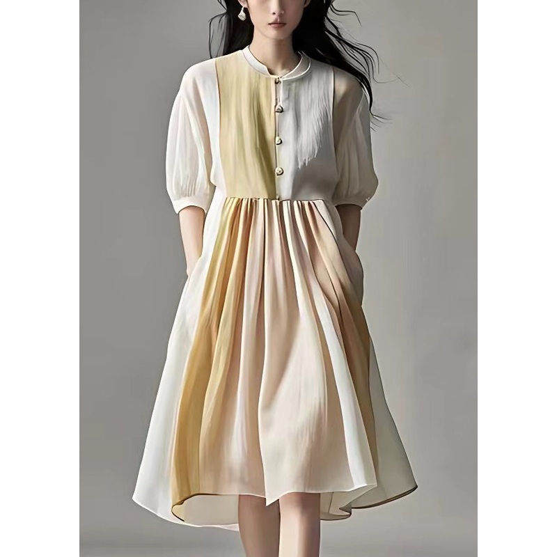 Elegant Beige Wrinkled Pockets Linen Dress Half Sleeve