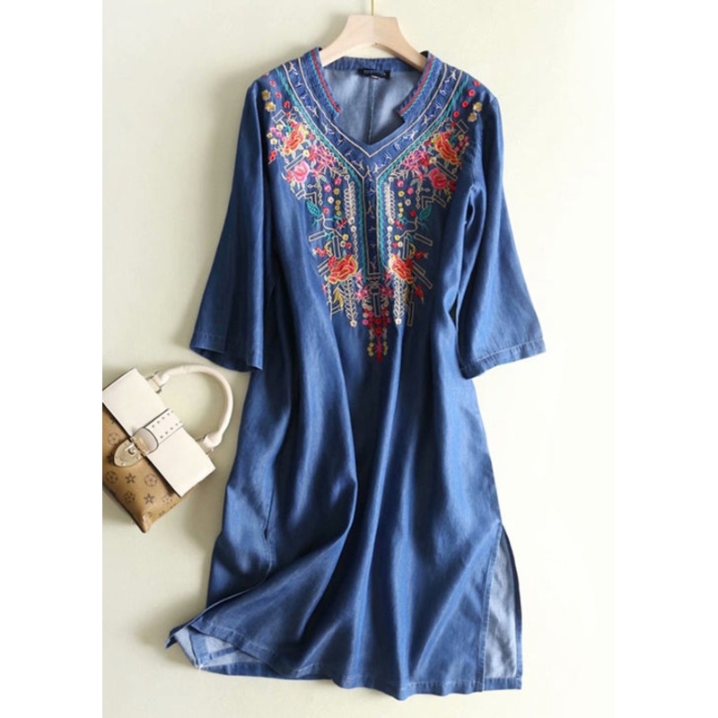 Elegant Blue Embroidered Side Open Denim Dresses Summer