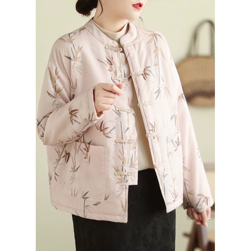 Elegant Pink Stand Collar Button Print Thick Coats Winter