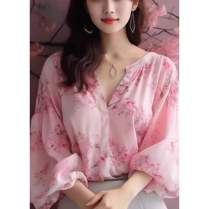 Elegant Pink V Neck Print Chiffon Blouses Bracelet Sleeve