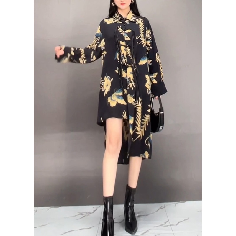 Fashion Black Peter Pan Collar Asymmetrical Print Long Dress Fall
