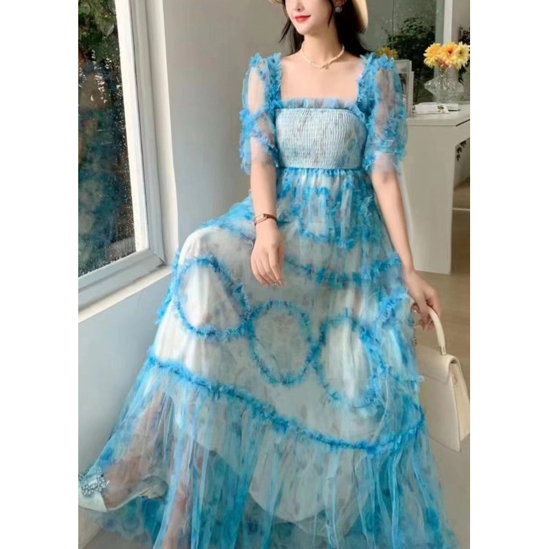 Fashion Blue Square Collar Ruffled Print Tulle Long Dress Summer