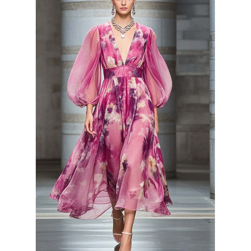 Fashion Rose Cinched Print Chiffon Robe Dresses Bracelet Sleeve