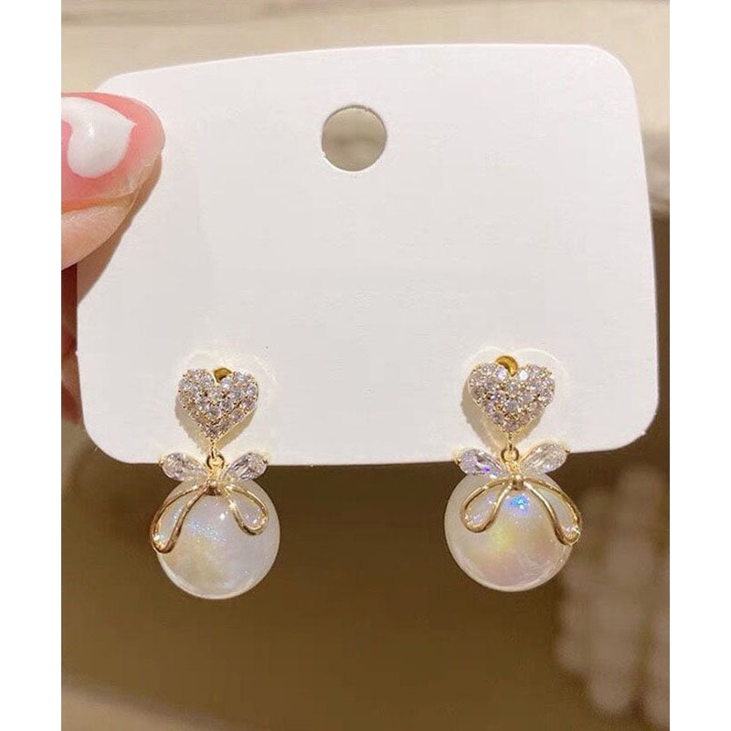Fashion White Copper Overgild 14K Gold Pearl Zircon Bow Drop Earrings