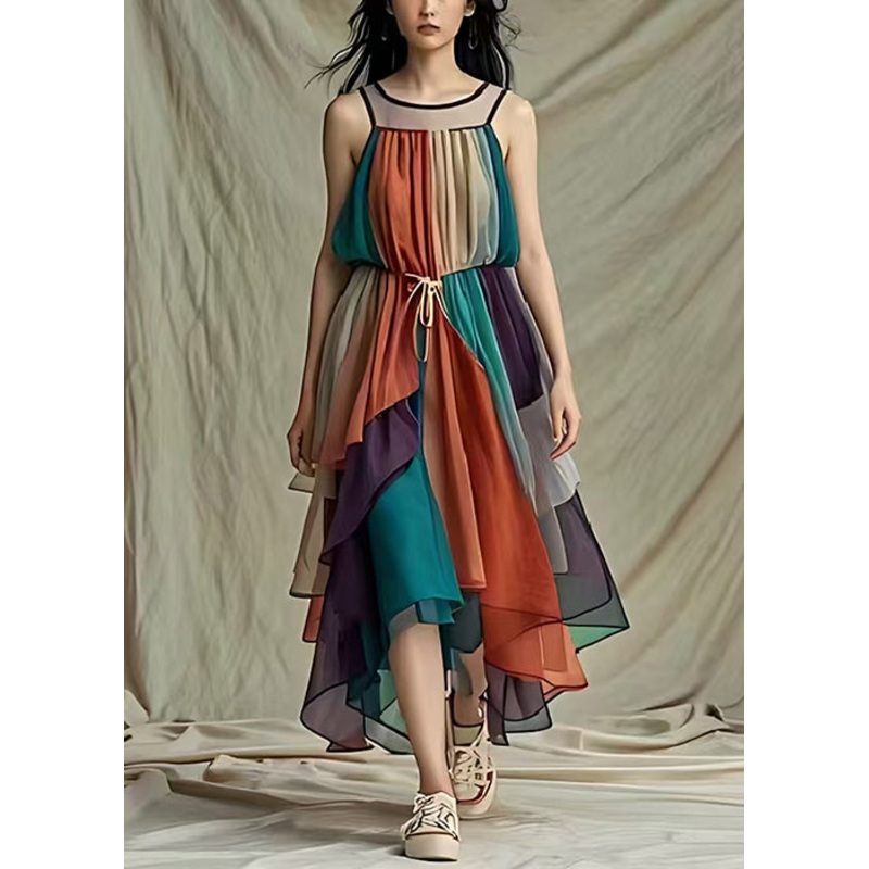 Fitted Colorblock Cold Shoulder Tie Waist Tulle Maxi Dresses Summer