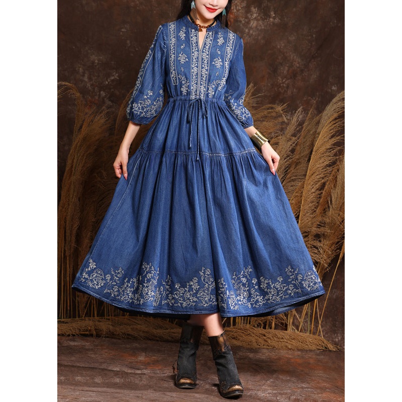Fitted Navy V Neck Embroidered Patchwork Elastic Waist Maxi Denim Dresses Half Sleeve