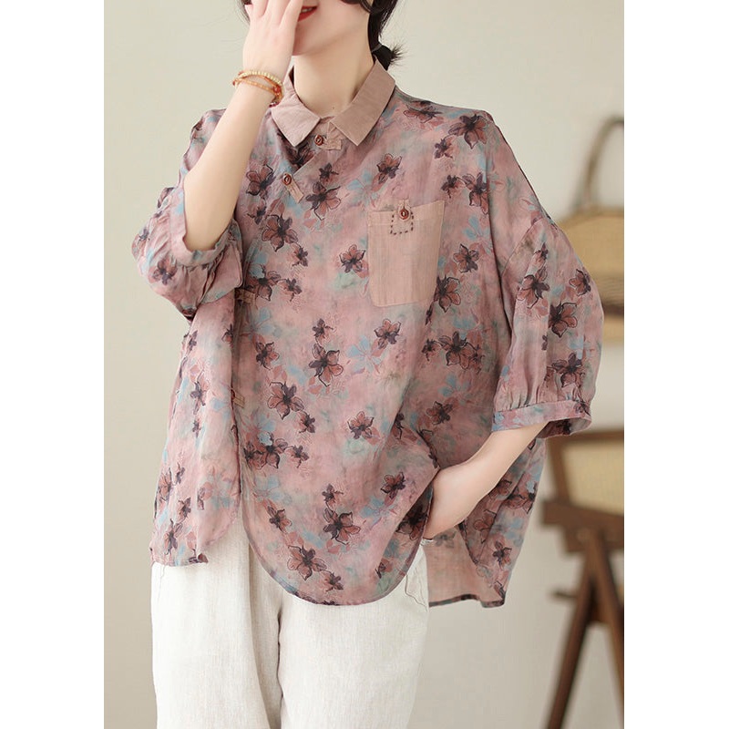 Floral Print Peter Pan Collar Button Cotton Tops Spring