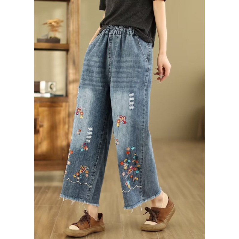 French Blue Embroidered Elastic Waist Denim Crop Pants Summer