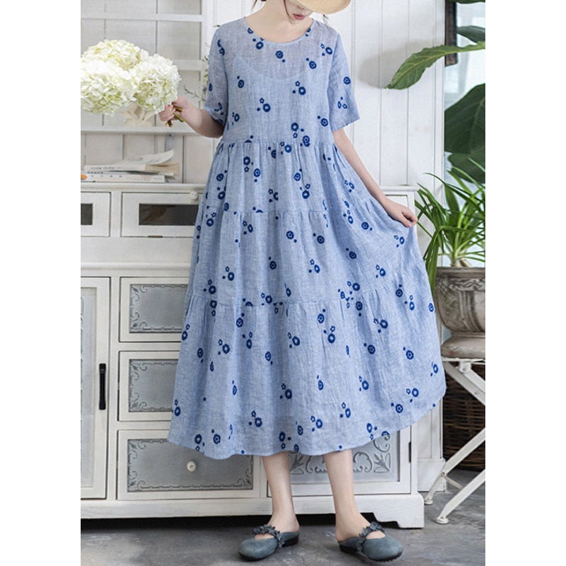 French Blue Embroidered Lace Up Pockets Linen Dress Summer