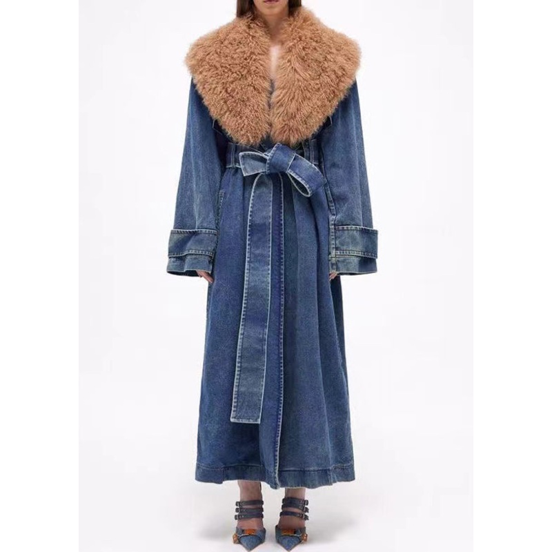 French Blue Fur Collar Tie Waist Denim Long Coats Winter