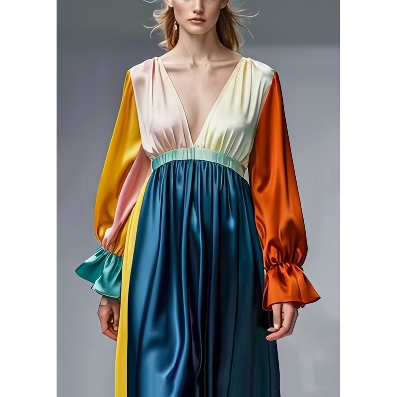 French Colorblock Deep-V Neck Patchwork Draping Silk Dress Spring