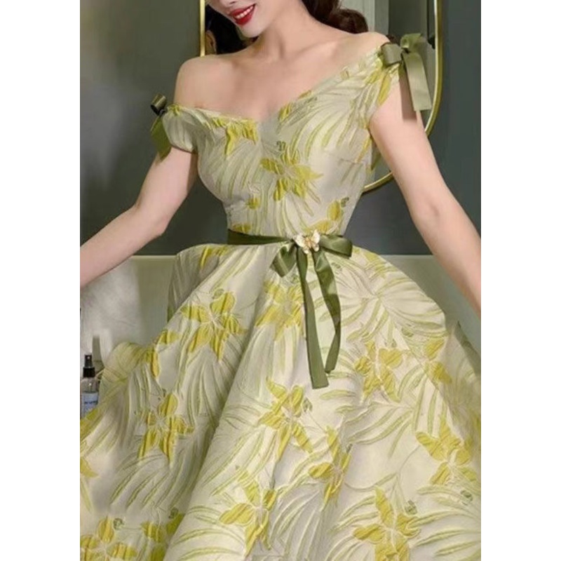 French Green V Neck Bow Cotton Dresses Sleeveless