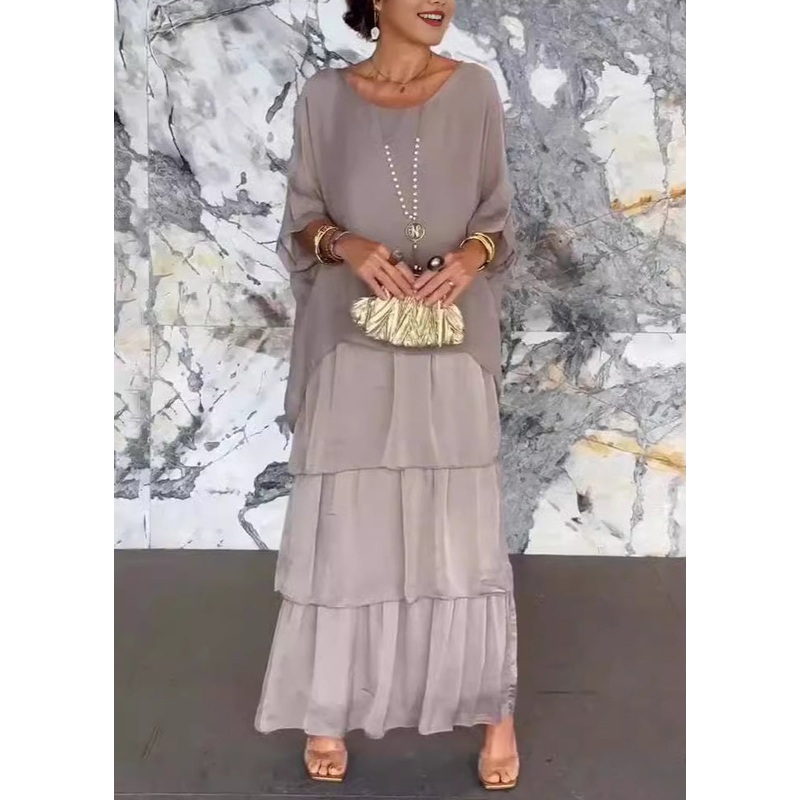 French Grey O Neck Solid Chiffon Dresses Batwing Sleeve