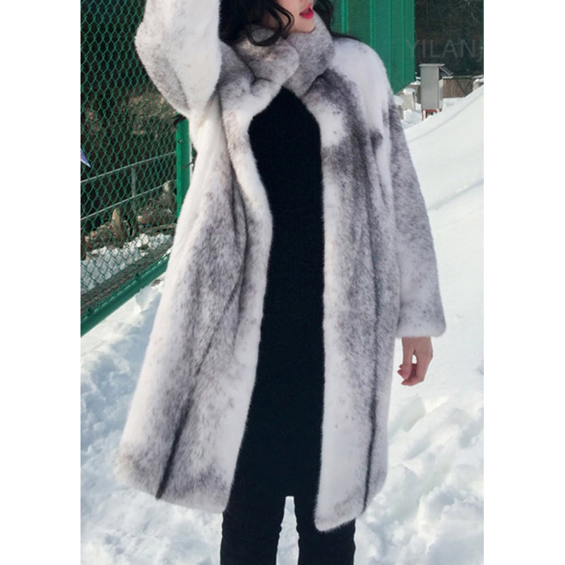French White Stand Collar Pockets Mink Hair Coats Winter