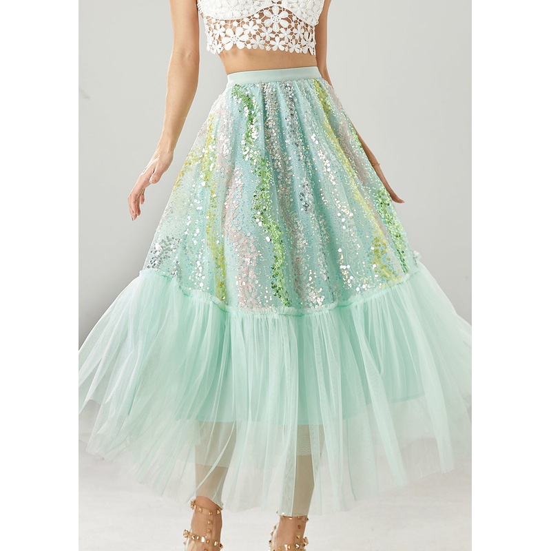 Green Patchwork Tulle A Line Skirts Sequins Spring