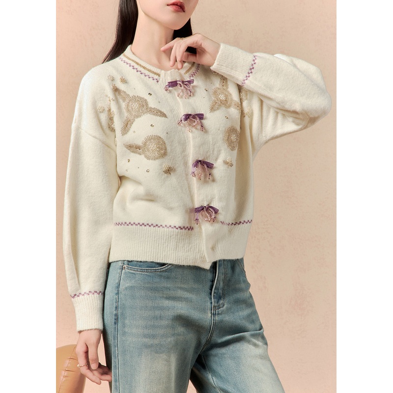 Handmade Beige Nail Bead Patchwork Knit Cardigan Winter