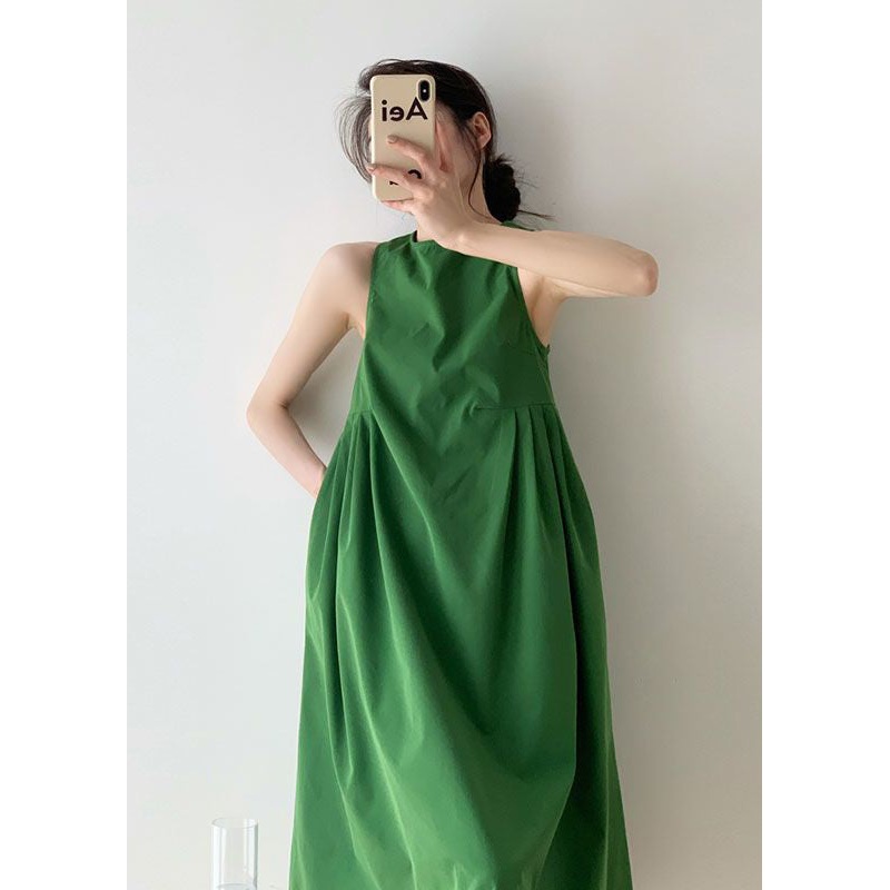 Italian Green O Neck Wrinkled Patchwork Cotton Dress Sleeveless