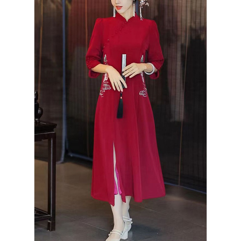 Italian Red Embroideried Button Side Open Silk Long Dresses Fall