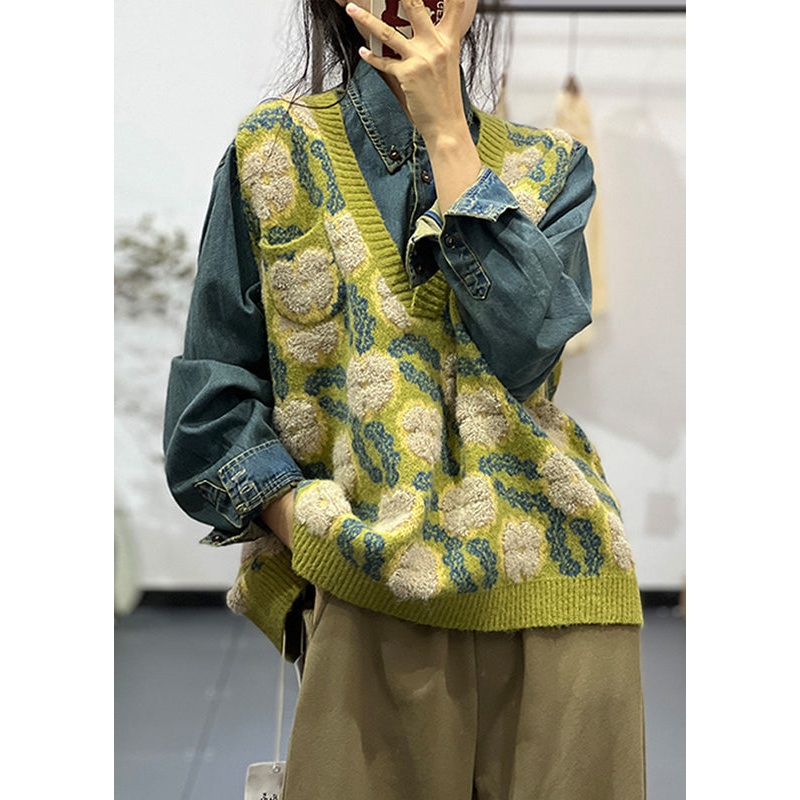 Jacquard Green V Neck Cozy Cotton Knit Waistcoat Sleeveless