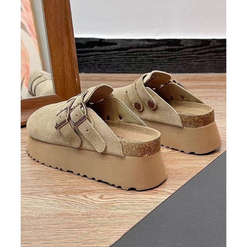 Khaki Platform Suede Handmade Splicing Slide Sandals