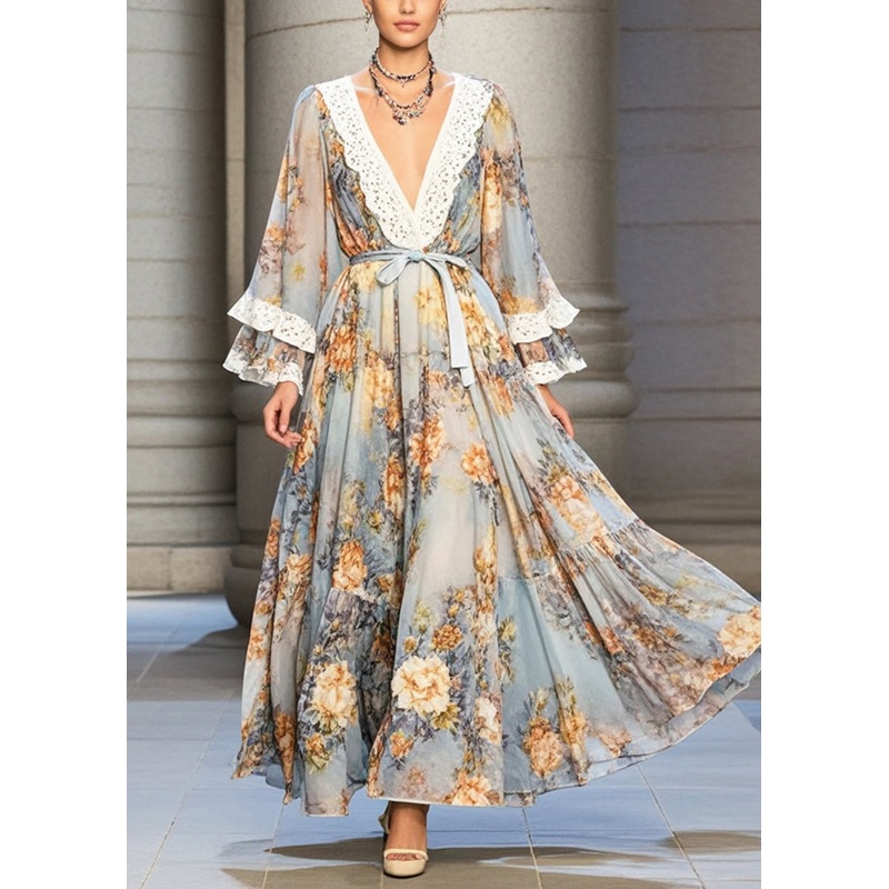 Light Blue Patchwork Lace Chiffon Dress Tie Waist Print Fall