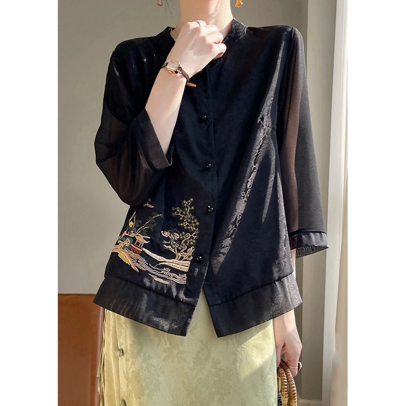 Loose Black Embroidered Button Silk Shirts Bracelet Sleeve