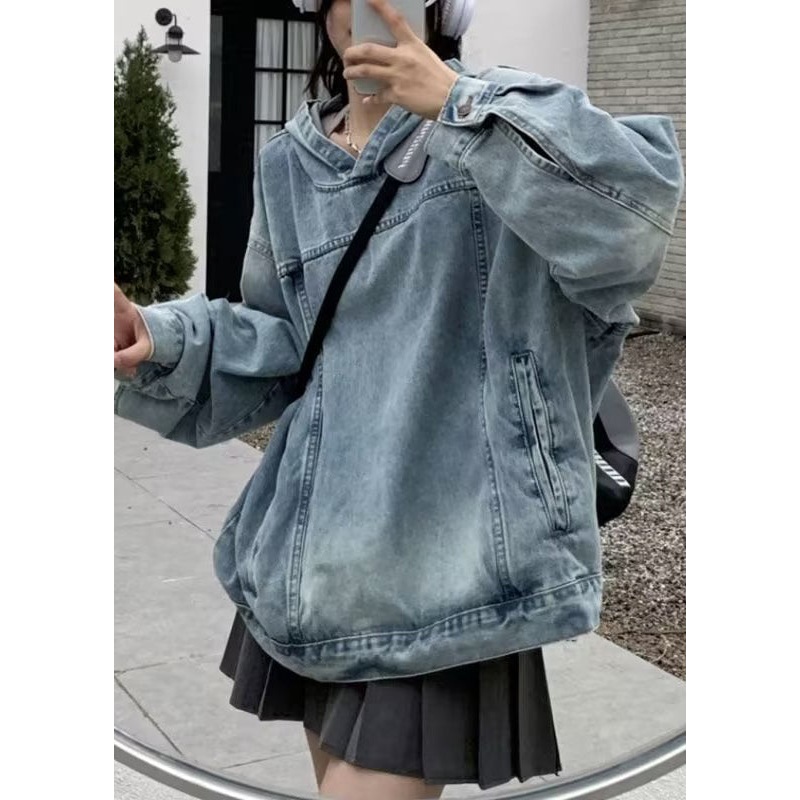 Loose Blue Hooded Pockets Denim Tops Long Sleeve