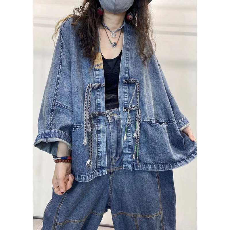 Loose Blue V Neck Button Patchwork Denim Coats Long Sleeve