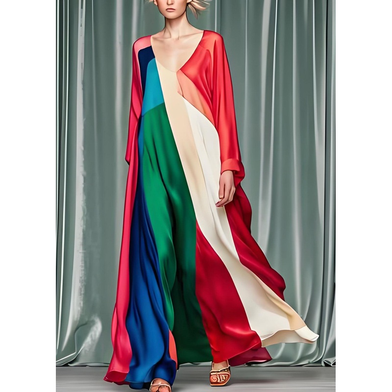Loose Colorblock V Neck Patchwork Silk Dress Long Sleeve